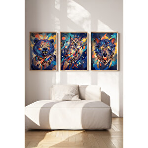 Renkli Hayvan İllüstrasyonları 3 Parçalı Ahşap Çerçeveli Tablo Seti 30x42 cm