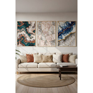 Mermer Ve Soyut Desen Temalı 3’lü Ahşap Çerçeveli Tablo Seti - Modern Salon Dekoru 50x70 cm