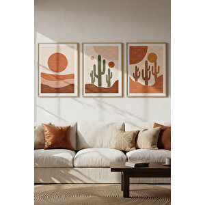 Kaktüs Ve Çöl Manzaralı 3’lü Modern Ahşap Çerçeveli Tablo Seti - Salon Dekoru 50x70 cm