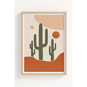 Kaktüs Ve Çöl Manzaralı 3’lü Modern Ahşap Çerçeveli Tablo Seti - Salon Dekoru 50x70 cm