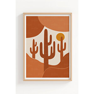 Kaktüs Ve Çöl Manzaralı 3’lü Modern Ahşap Çerçeveli Tablo Seti - Salon Dekoru