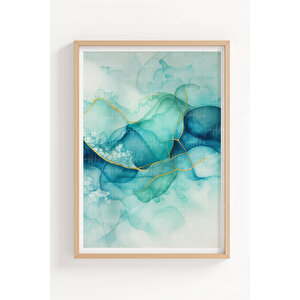 Mavi Ve Yeşil Soyut Doku Temalı 3’lü Ahşap Çerçeveli Tablo Seti - Modern Dekor 21x30 cm