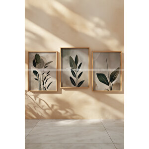 Minimal Yeşillikler 3'lü Ahşap Çerçeveli Tablo Seti-2 30x42 cm