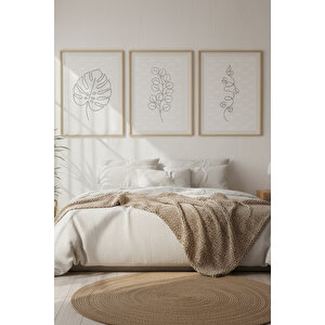 Bitki Çizimli 3 Parçalı Ahşap Çerçeveli Tablo Seti 50x70 cm