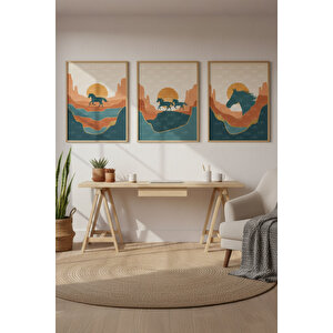 At Silüeti Ve Gün Batımı 3’lü Modern Ahşap Çerçeveli Tablo Seti - Çalışma Odası Dekoru 21x30 cm