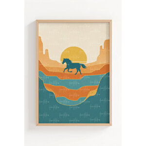 At Silüeti Ve Gün Batımı 3’lü Modern Ahşap Çerçeveli Tablo Seti - Çalışma Odası Dekoru 21x30 cm