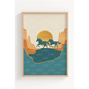 At Silüeti Ve Gün Batımı 3’lü Modern Ahşap Çerçeveli Tablo Seti - Çalışma Odası Dekoru 21x30 cm