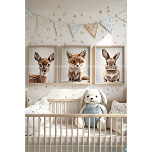 Geyik, Tilki Ve Tavşan 3’lü 1. Kalite Ahşap Çerçeveli Tablo Seti – Bebek Odası Dekoru 21x30 cm