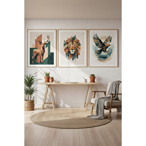 Aslan Geyik Kartal 3’lü Ahşap Çerçeveli Tablo Seti - Çalışma Odası Dekoru 50x70 cm