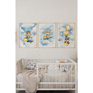 Bebek Ve Çocuk Odası Uçan Hayvanlar Tema Ahşap Çerçeveli 3'lü Tablo Seti 30x42 cm