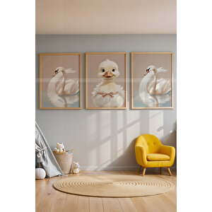 Kuğu Ve Ördek 3’lü 1. Kalite Ahşap Çerçeveli Tablo Seti – Çocuk Odası Dekoru 30x42 cm