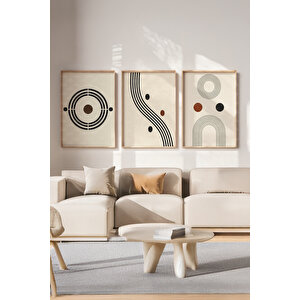 Geometrik Minimalist Çizgi Ve Daireler 3 Parçalı Ahşap Çerçeveli Tablo Seti 50x70 cm