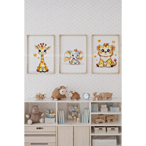 Sevimli Orman Hayvanları 3’lü Ahşap Çerçeveli Dekoratif Tablo Seti 21x30 cm