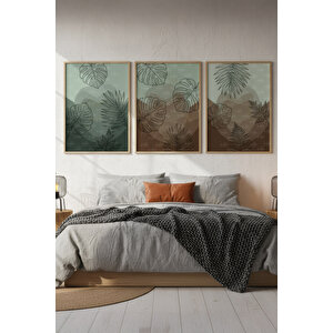 Tropikal Yaprak Çizimli 3’lü Modern Ahşap Çerçeveli Tablo Seti - Yatak Odası Dekoru 21x30 cm