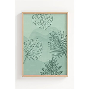 Tropikal Yaprak Çizimli 3’lü Modern Ahşap Çerçeveli Tablo Seti - Yatak Odası Dekoru 21x30 cm