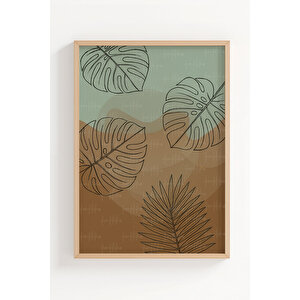 Tropikal Yaprak Çizimli 3’lü Modern Ahşap Çerçeveli Tablo Seti - Yatak Odası Dekoru 21x30 cm