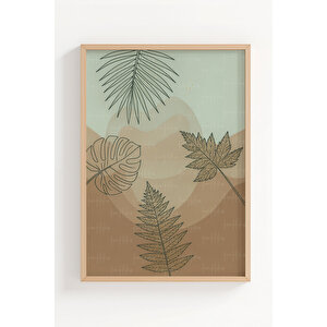 Tropikal Yaprak Çizimli 3’lü Modern Ahşap Çerçeveli Tablo Seti - Yatak Odası Dekoru
