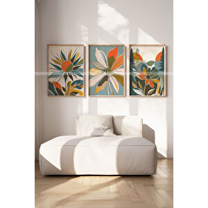 Soyut Çiçekler 3 Parçalı Ahşap Çerçeveli Tablo Seti-2 21x30 cm