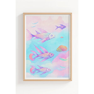 Gökyüzünde Uçan Balıklar 3’lü Ahşap Çerçeveli Tablo Seti - Hayalperest Yatak Odası Dekoru 30x42 cm