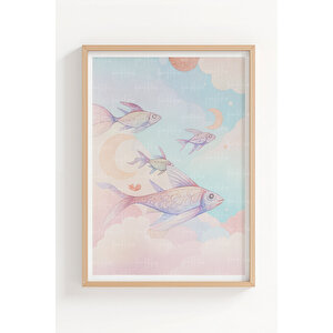 Gökyüzünde Uçan Balıklar 3’lü Ahşap Çerçeveli Tablo Seti - Hayalperest Yatak Odası Dekoru 30x42 cm
