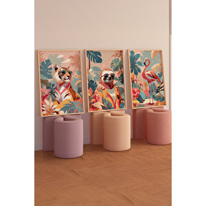Tropikal Hayvanlar 3 Parçalı Ahşap Çerçeveli Tablo Seti 30x42 cm