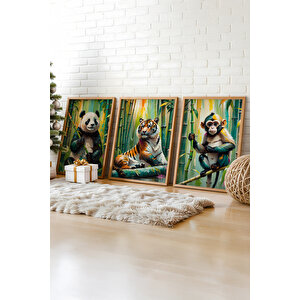 Bambu Ormanı Hayvanları 3 Parçalı Ahşap Çerçeveli Tablo Seti 50x70 cm