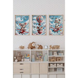 Bebek Ve Çocuk Odası Uçan Hayvanlar Tema Ahşap Çerçeveli 3'lü Tablo Seti 21x30 cm