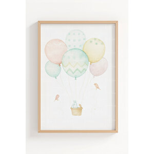 Balon Ve Kuşlar 3’lü Pastel Ahşap Çerçeveli Tablo Seti - Bebek Odası Dekoru