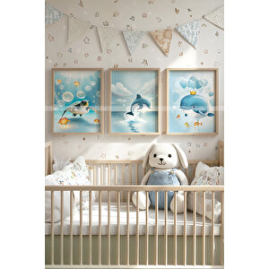 Okyanus Dostları 3’lü Ahşap Çerçeveli Dekoratif Tablo Seti 30x42 cm