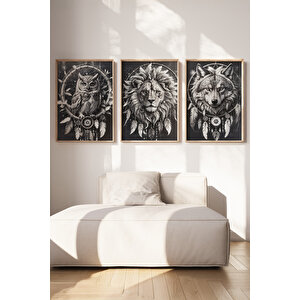 Aslan Kurt Baykuş 3 Parçalı Ahşap Çerçeveli Tablo Seti 30x42 cm