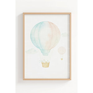 Balon Ve Kuşlar 3’lü Pastel Ahşap Çerçeveli Tablo Seti - Bebek Odası Dekoru 50x70 cm