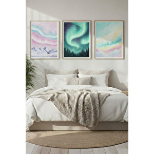 Kuzey Işıkları 3’lü Doğa Temalı Ahşap Çerçeveli Tablo Seti 50x70 cm
