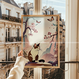 Japon Sanatı Esintili Kedi Temalı 3'lü Ahşap Çerçeveli Tablo Seti - 30x42 30x42 cm