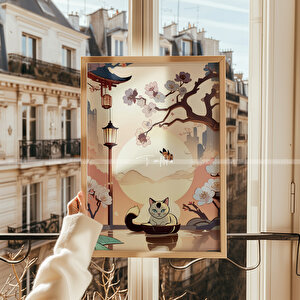 Japon Sanatı Esintili Kedi Temalı 3'lü Ahşap Çerçeveli Tablo Seti - 30x42