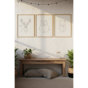 Geyik Ayı Tilki 3’lü Hayvan Çizim Temalı Ahşap Çerçeveli Tablo Seti - Minimalist Dekor 50x70 cm