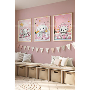 Pembe Hayvan Dostları 3’lü Ahşap Çerçeveli Dekoratif Tablo Seti – Fil, Tavşan Ve Ayıcık 50x70 cm