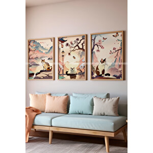Japon Sanatı Esintili Kedi Temalı 3'lü Ahşap Çerçeveli Tablo - Seti 21x30 21x30 cm