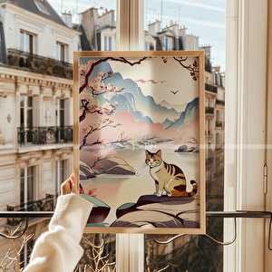 Japon Sanatı Esintili Kedi Temalı 3'lü Ahşap Çerçeveli Tablo - Seti 21x30 21x30 cm