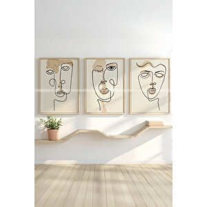 Soyut Çizgilerle Yüz Temalı 3'lü Ahşap Çerçeveli Tablo Seti 21x30 cm