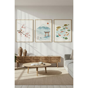 Japon Kültürü 3 Parçalı Ahşap Çerçeveli Tablo Seti 21x30 cm