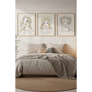 Kadın Portre Çizimli 3’lü Modern Ahşap Çerçeveli Tablo Seti - Yatak Odası Dekoru 30x42 cm