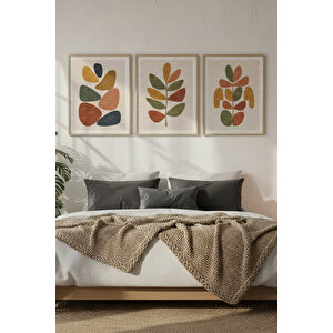 Soyut Yaprak Desenli 3’lü Ahşap Çerçeveli Tablo Seti - Soyut Dekor 30x42 cm