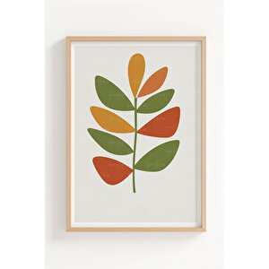 Soyut Yaprak Desenli 3’lü Ahşap Çerçeveli Tablo Seti - Soyut Dekor
