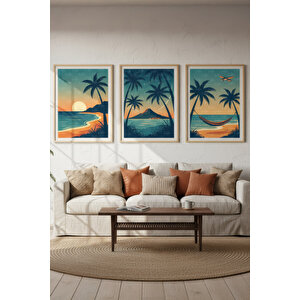 Tropikal Sahil Ve Palmiye Temalı 3’lü Ahşap Çerçeveli Tablo Seti - Tatil Dekoru 21x30 cm