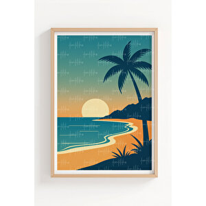 Tropikal Sahil Ve Palmiye Temalı 3’lü Ahşap Çerçeveli Tablo Seti - Tatil Dekoru 21x30 cm