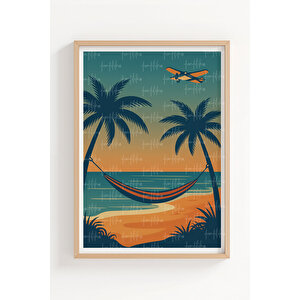 Tropikal Sahil Ve Palmiye Temalı 3’lü Ahşap Çerçeveli Tablo Seti - Tatil Dekoru