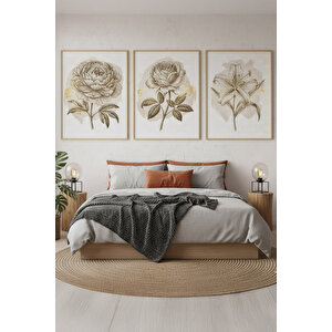 Çiçek İllüstrasyonları 3’lü Vintage Ahşap Çerçeveli Tablo Seti - Yatak Odası Dekoru 50x70 cm