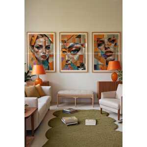 Portre Ve Geometrik Desenli 3'lü Ahşap Çerçeveli Tablo Seti-30x42 30x42 cm