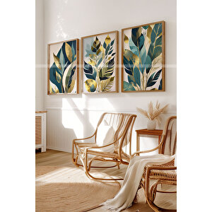 Doğal Yapraklar 3 Parçalı Ahşap Çerçeveli Tablo Seti-2 30x42 cm