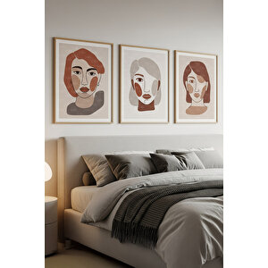 Soyut Kadın Portreleri 3’lü İnsan Temalı Ahşap Çerçeveli Tablo Seti - Yatak Odası Dekoru 21x30 cm